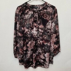 Torrid Harper Georgette Brown, Black Floral Tie Neck Tab Sleeve Blouse Size 3X